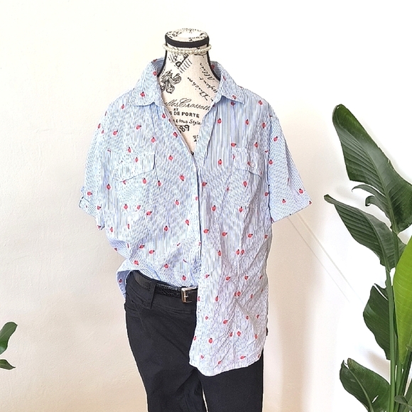 Karen And Scott Women's Blue Striped Shirt With Red Ladybugs. Size XL. - Picture 1 of 6